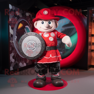 Red Celtic Shield mascot costume character dressed with a Dungarees and Wallets