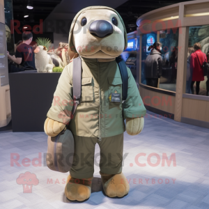 Olive Walrus mascot costume character dressed with a Bomber Jacket and Backpacks