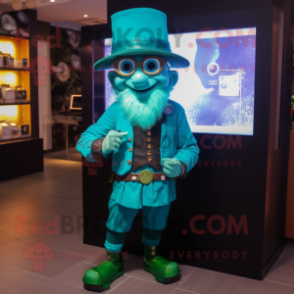 Turquoise Leprechaun mascot costume character dressed with a Waistcoat and Digital watches