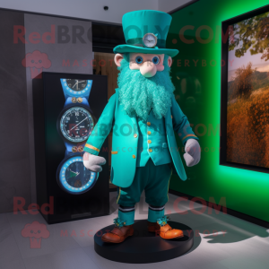 Turquoise Leprechaun mascot costume character dressed with a Waistcoat and Digital watches