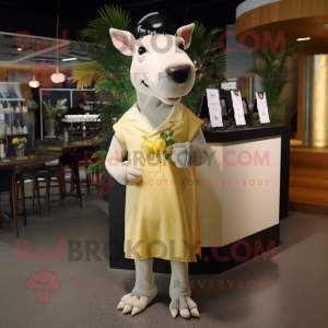 Cream Tapir mascot costume character dressed with a Cocktail Dress and Messenger bags