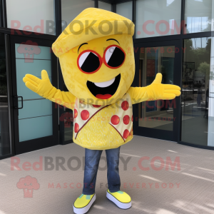 Lemon Yellow Pizza Slice mascot costume character dressed with a Flare Jeans and Bracelets