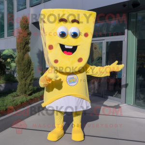 Lemon Yellow Pizza Slice mascot costume character dressed with a Flare Jeans and Bracelets