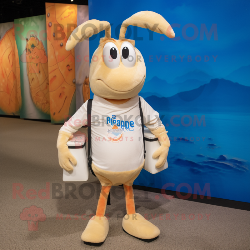 Cream Shrimp Scampi mascot costume character dressed with a T-Shirt and Messenger bags