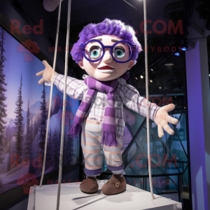 Lavender Trapeze Artist mascot costume character dressed with a Flannel Shirt and Eyeglasses