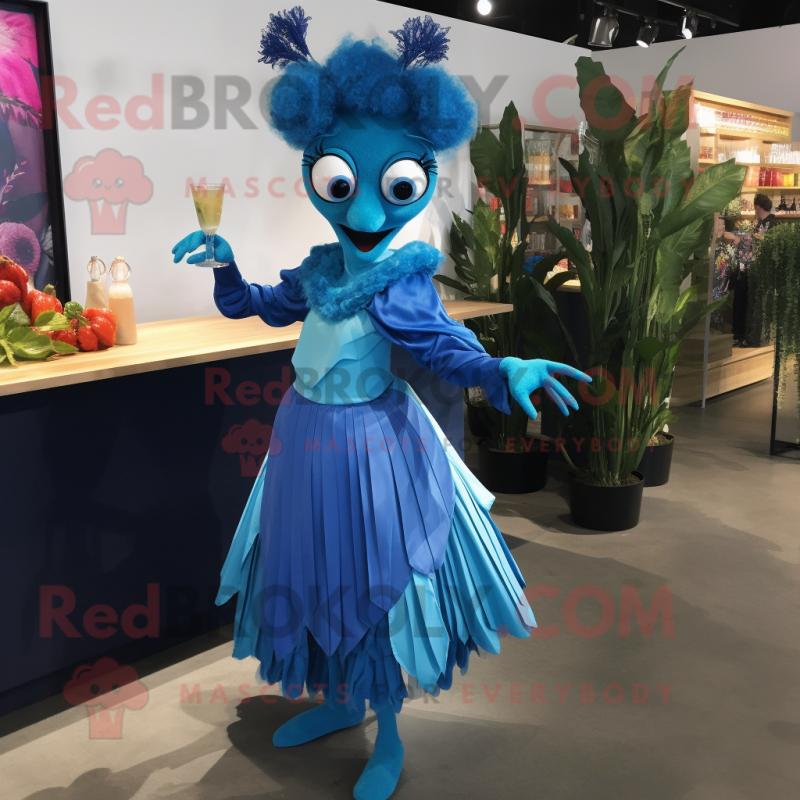 Blue Stilt Walker mascot costume character dressed with a Cocktail Dress and Wraps