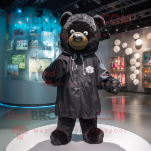 Black Teddy Bear mascot costume character dressed with a Raincoat and Keychains