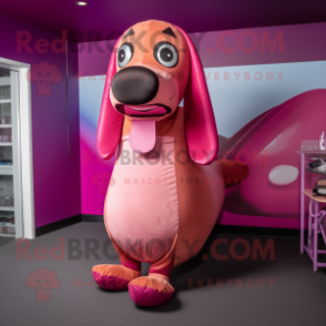 Magenta Hot Dog mascot costume character dressed with a Henley Shirt and Bow ties