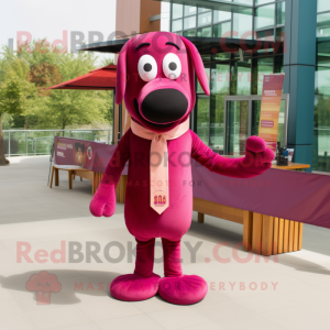 Magenta Hot Dog mascot costume character dressed with a Henley Shirt and Bow ties