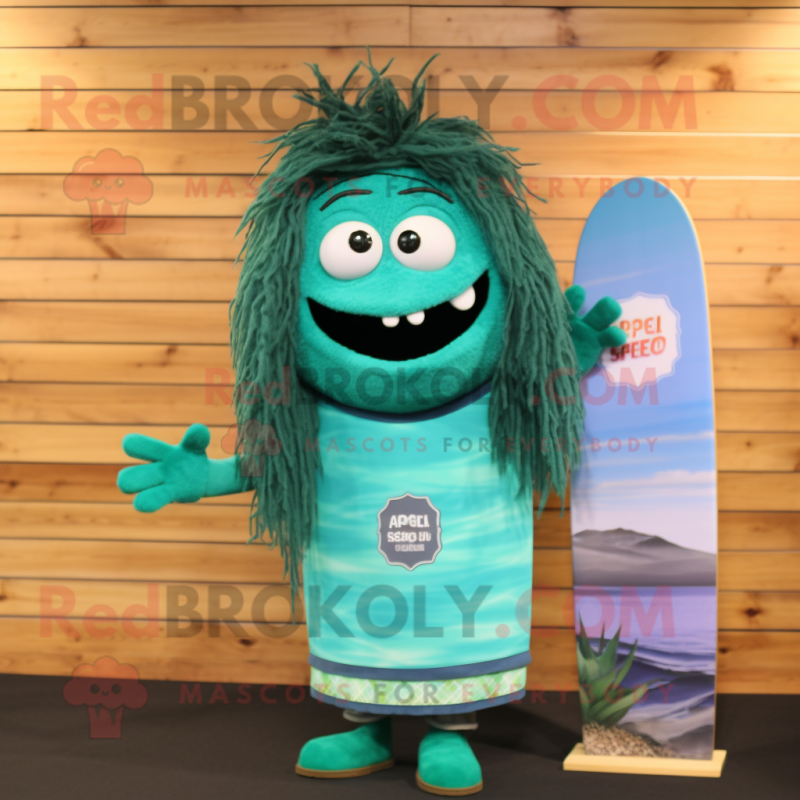 Teal Pesto Pasta mascot costume character dressed with a Board Shorts and Hair clips