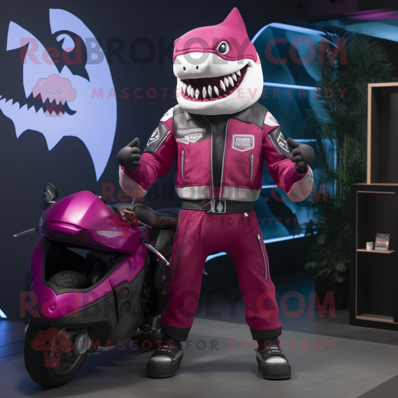 Magenta Megalodon mascot costume character dressed with a Moto Jacket and Handbags