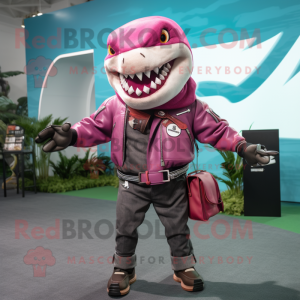 Magenta Megalodon mascot costume character dressed with a Moto Jacket and Handbags