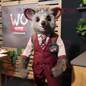 Maroon Aye-Aye mascot costume character dressed with a Blazer and Suspenders