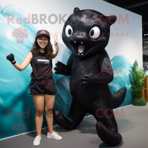 Black Cod mascot costume character dressed with a One-Piece Swimsuit and Watches