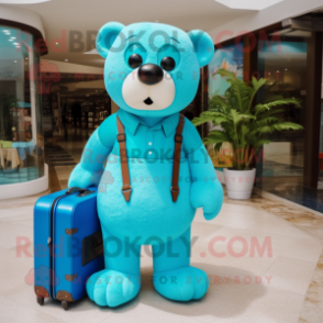 Turquoise Teddy Bear mascot costume character dressed with a Bermuda Shorts and Briefcases