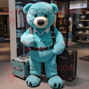 Turquoise Teddy Bear mascot costume character dressed with a Bermuda Shorts and Briefcases