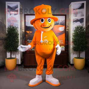 Orange Candy Box mascot costume character dressed with a Joggers and Hat pins