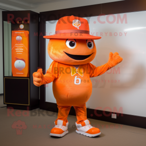 Orange Candy Box mascot costume character dressed with a Joggers and Hat pins