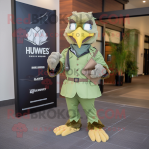 Olive Hawk mascot costume character dressed with a Jumpsuit and Pocket squares