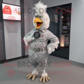 Gray Chicken mascot costume character dressed with a Button-Up Shirt and Smartwatches