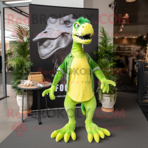 Lime Green Deinonychus mascot costume character dressed with a Flare Jeans and Tote bags