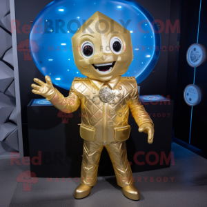 Gold Ice mascot costume character dressed with a Jacket and Lapel pins