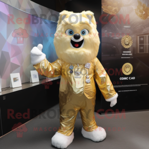 Gold Ice mascot costume character dressed with a Jacket and Lapel pins
