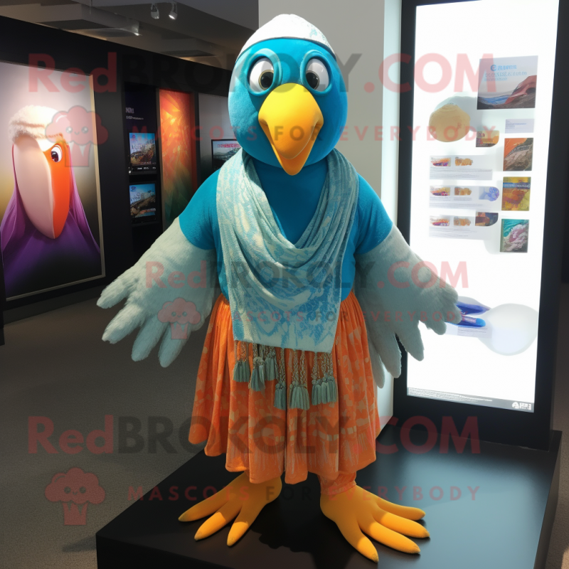 Cyan Butter Chicken mascot costume character dressed with a Board Shorts and Shawls