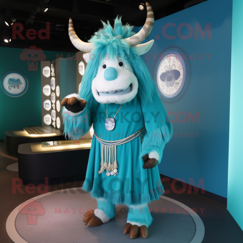 Cyan Yak mascot costume character dressed with a Empire Waist Dress and Bracelet watches