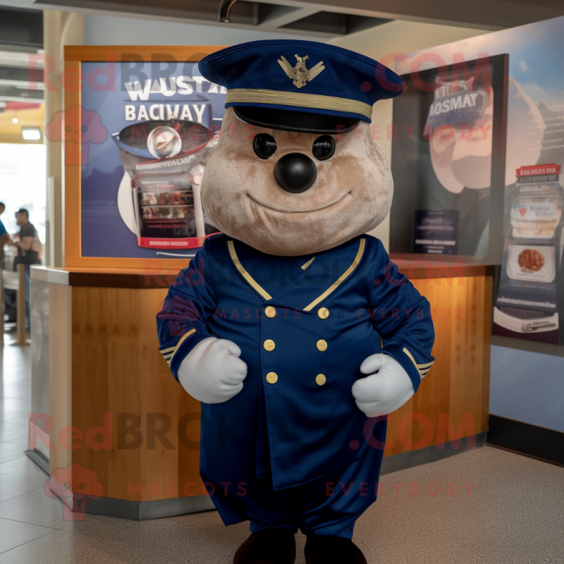 Navy Moussaka mascot costume character dressed with a V-Neck Tee and Hat pins