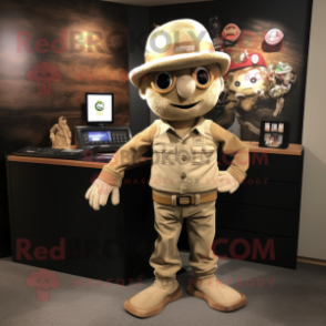 Tan Momentum mascot costume character dressed with a Corduroy Pants and Lapel pins