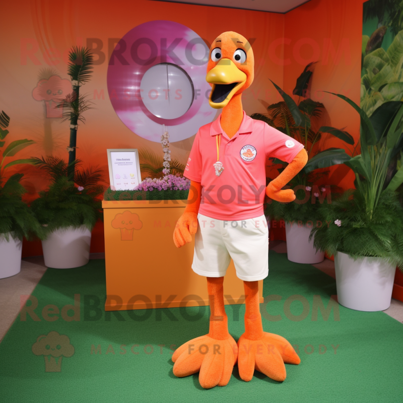 Orange Flamingo mascot costume character dressed with a Polo Tee and Keychains