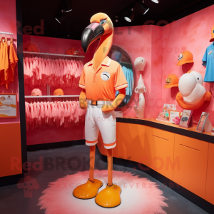 Orange Flamingo mascot costume character dressed with a Polo Tee and Keychains