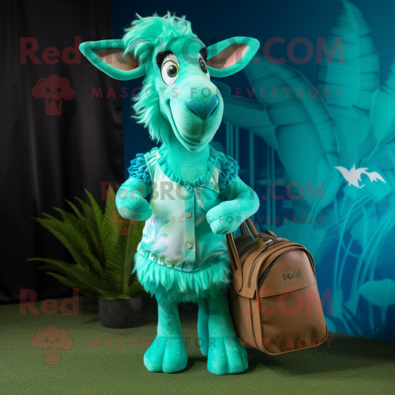 Cyan Goat mascot costume character dressed with a Bikini and Clutch bags