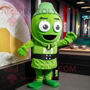 Green Miso Soup mascot costume character dressed with a Swimwear and Gloves