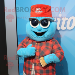 Sky Blue Tikka Masala mascot costume character dressed with a Flannel Shirt and Bracelet watches