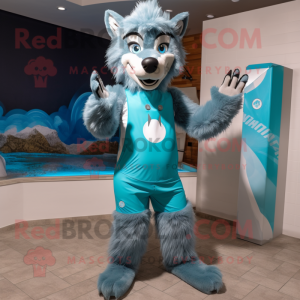 Cyan Say Wolf maskot kostym...