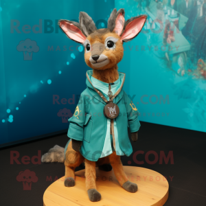 Teal Roe Deer mascot costume character dressed with a Jacket and Shawl pins