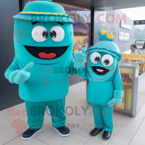 Teal French Fries mascot costume character dressed with a Jumpsuit and Watches