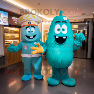 Teal French Fries mascot costume character dressed with a Jumpsuit and Watches