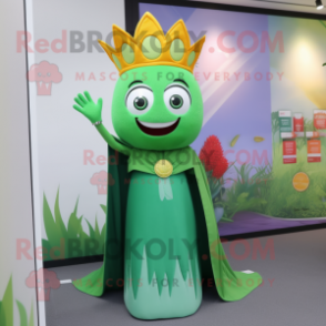 Green Queen mascot costume character dressed with a Flare Jeans and Shawls