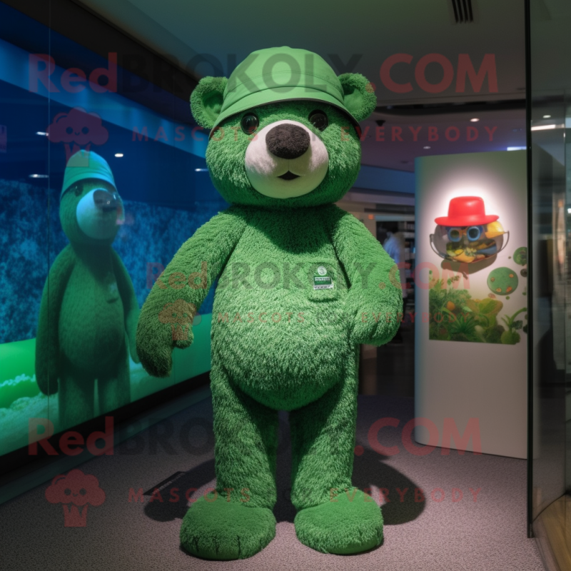 Green Teddy Bear mascot costume character dressed with a One-Piece Swimsuit and Berets