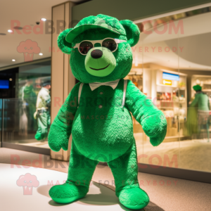 Green Teddy Bear mascot costume character dressed with a One-Piece Swimsuit and Berets