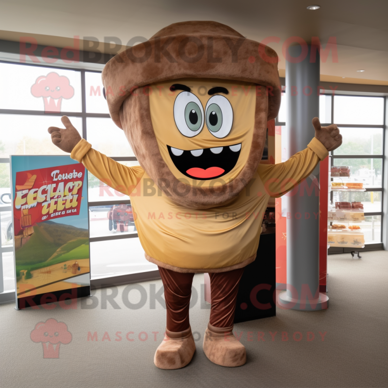 Brown Tacos mascot costume character dressed with a Jeggings and Cummerbunds