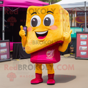 Magenta Grilled Cheese Sandwich mascot costume character dressed with a Shorts and Messenger bags