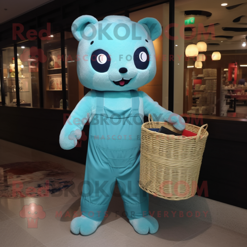 Cyan Dim Sum mascot costume character dressed with a Romper and Suspenders