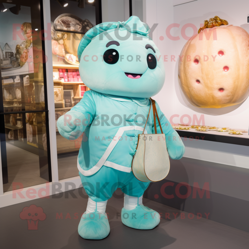 Cyan Dim Sum mascot costume character dressed with a Romper and Suspenders