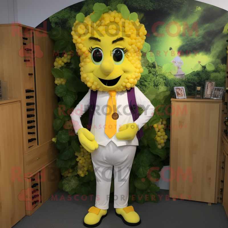 Yellow Grape mascot costume character dressed with a Waistcoat and Hairpins