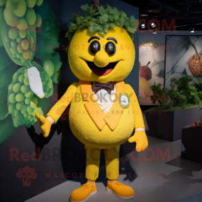 Yellow Grape mascot costume character dressed with a Waistcoat and Hairpins