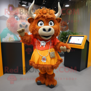 Orange Buffalo mascot costume character dressed with a Skirt and Keychains